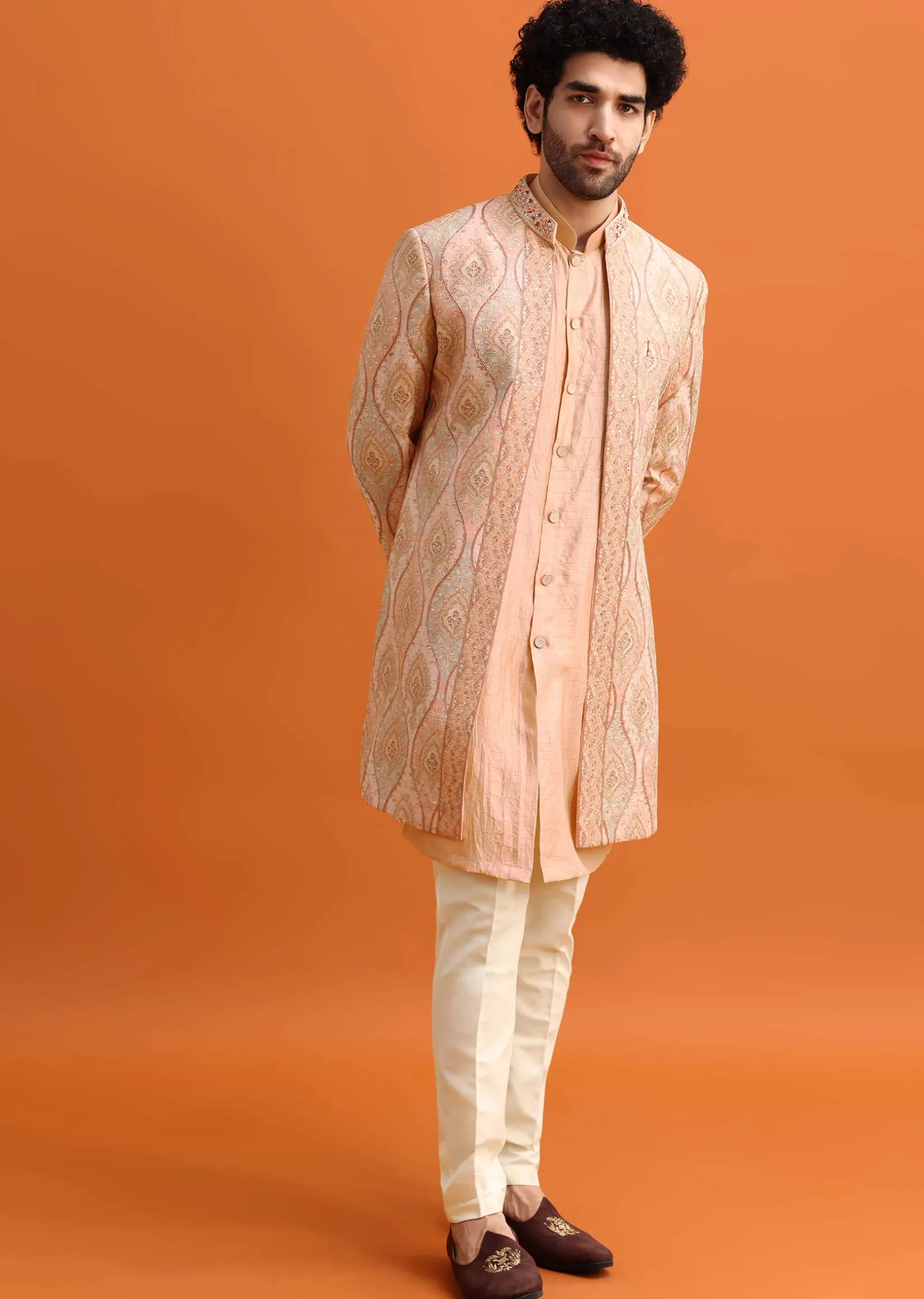 Pink Silk Indowestern Set With Hand Work For Men