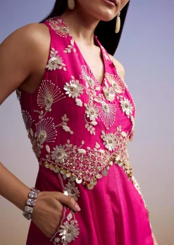 Pink Silk Jumpsuit With Embroidery And V Neckline