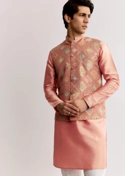 Pink Silk Kurta Jacket Set With Geometric Print