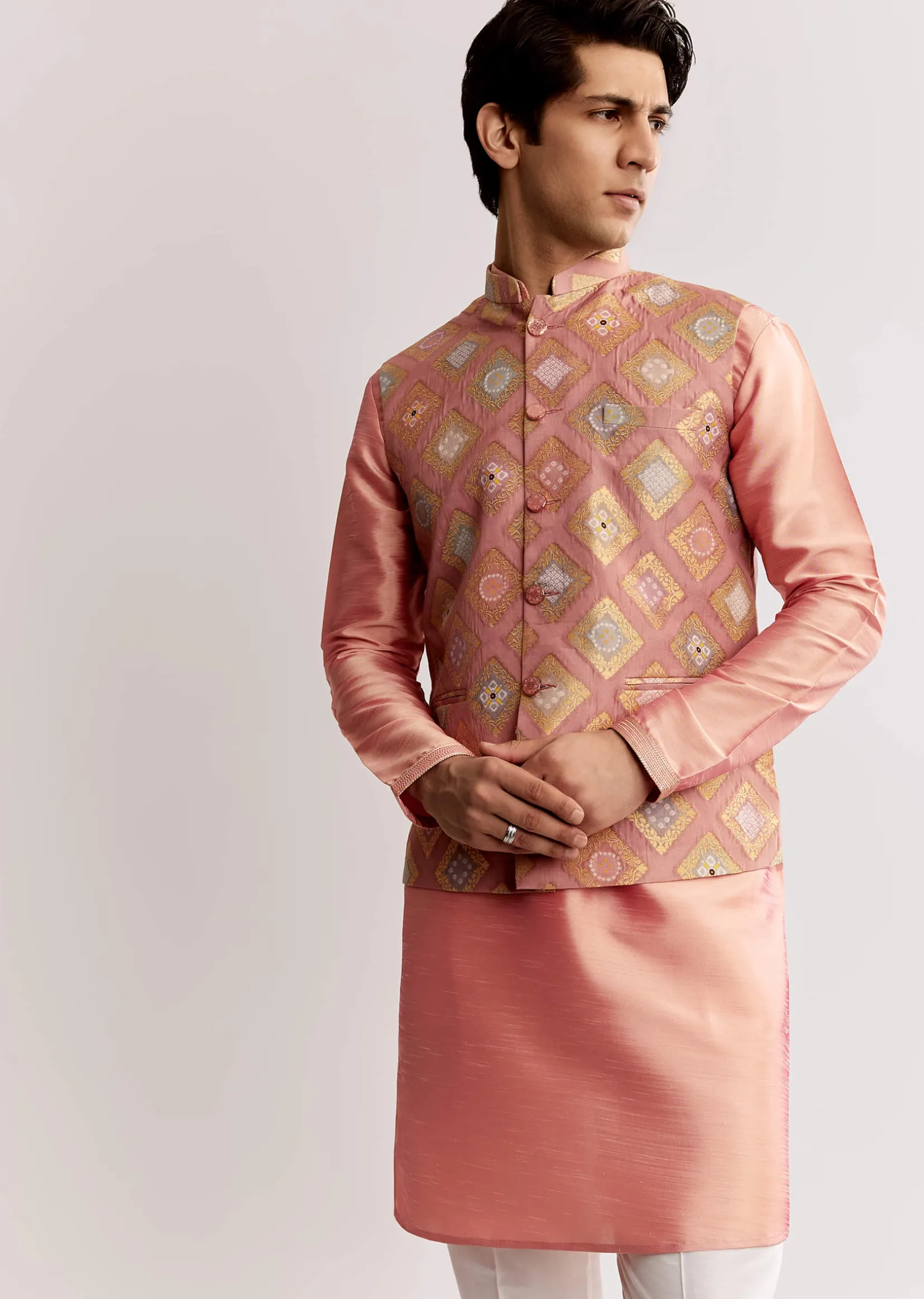Pink Silk Kurta Jacket Set With Geometric Print