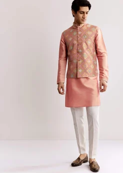 Pink Silk Kurta Jacket Set With Geometric Print