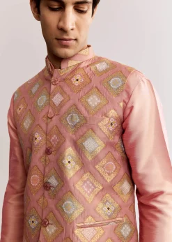 Pink Silk Kurta Jacket Set With Geometric Print