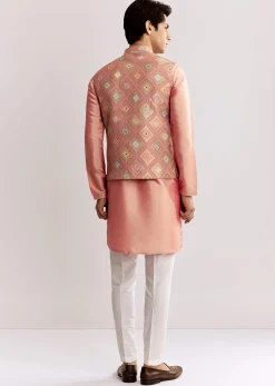 Pink Silk Kurta Jacket Set With Geometric Print
