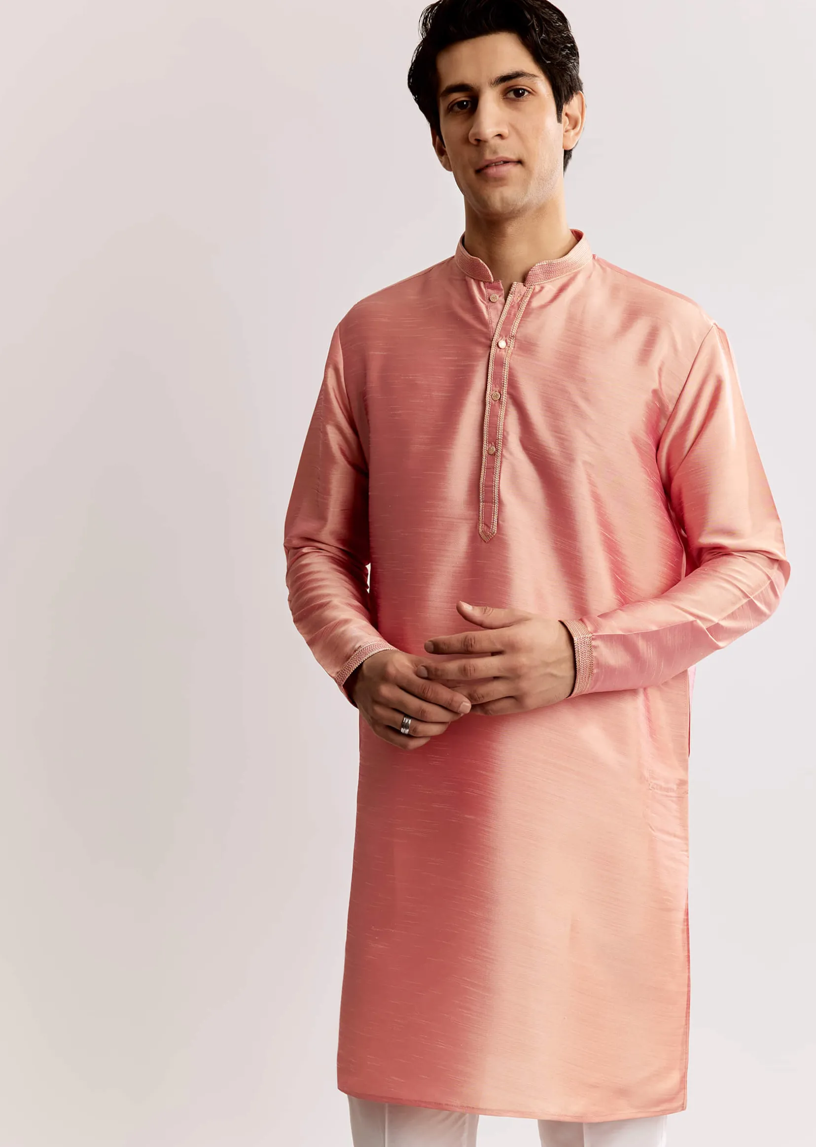 Pink Silk Kurta Jacket Set With Geometric Print