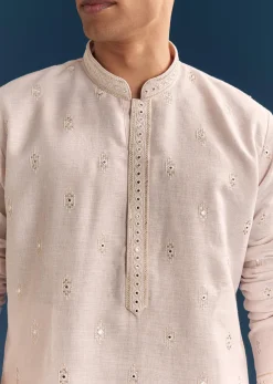 Pink Silk Kurta Set For Men With Mirror Embroidery