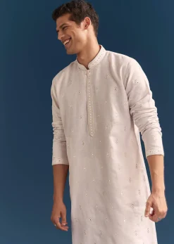 Pink Silk Kurta Set For Men With Mirror Embroidery