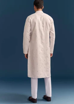 Pink Silk Kurta Set For Men With Mirror Embroidery