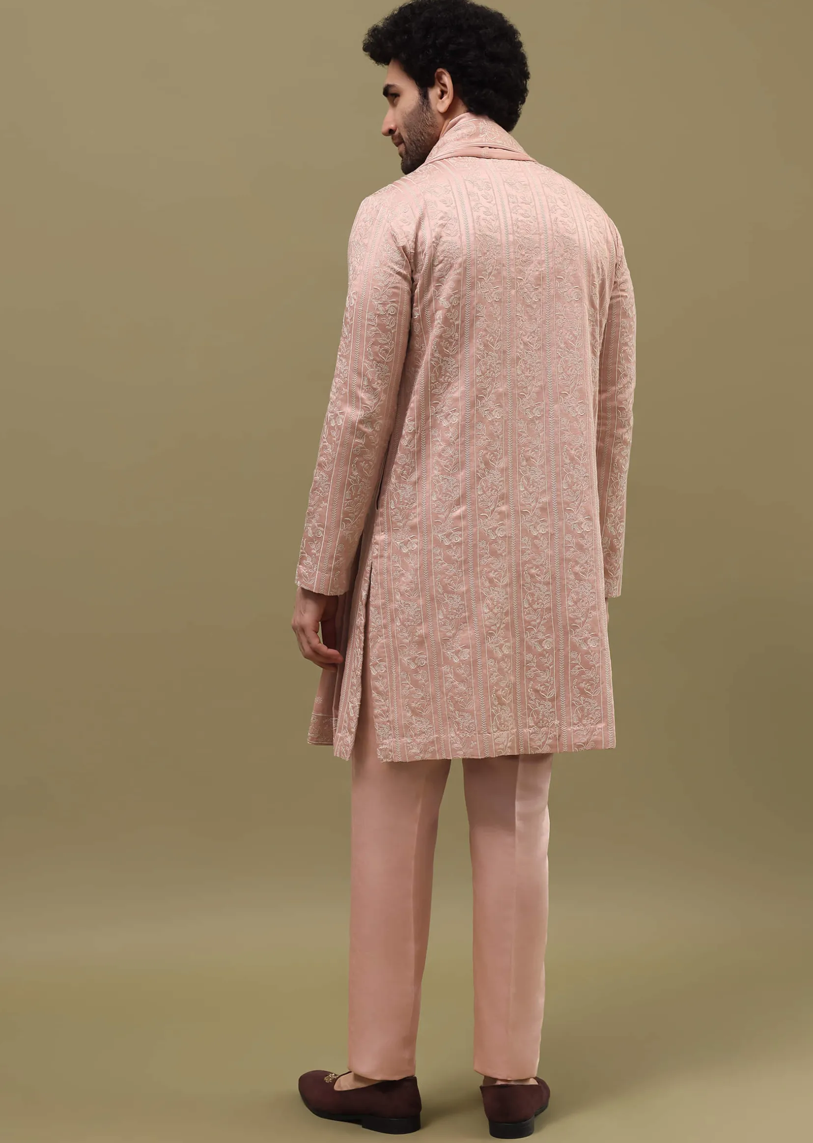 Pink Silk Kurta Set In Resham Work With Dupatta For Men