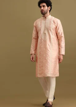 Pink Silk Kurta Set In Resham Work For Men