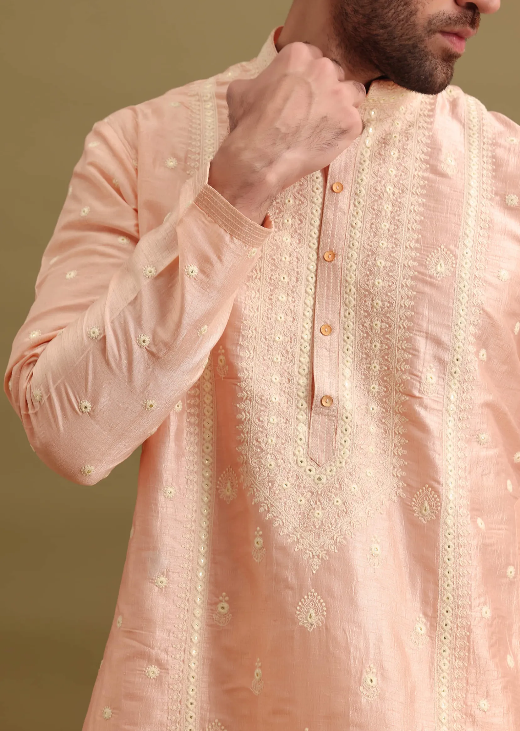 Pink Silk Kurta Set In Resham Work For Men