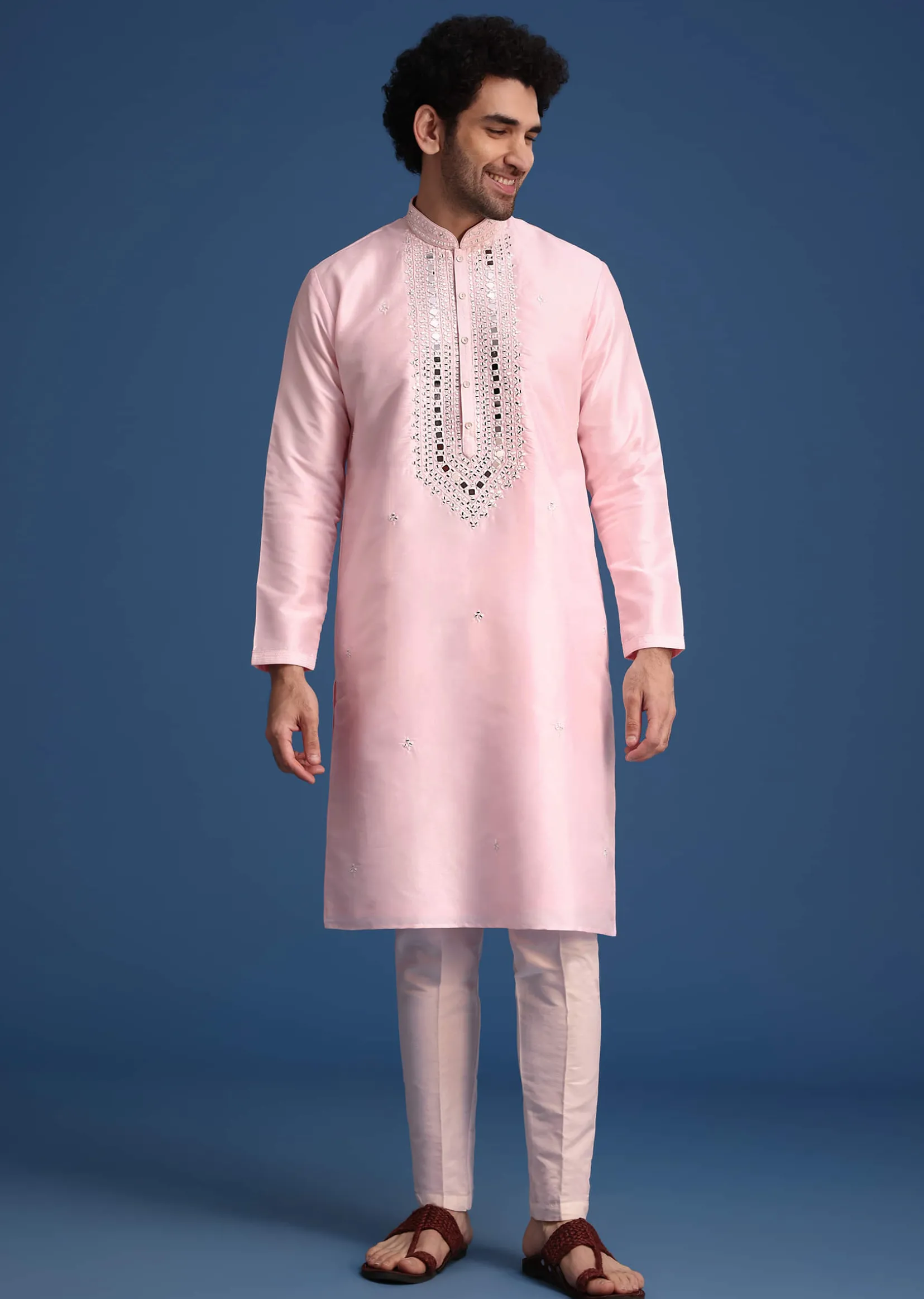 Pink Silk Kurta Set With Mirror Work