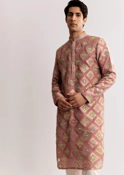 Pink Silk Kurta Set With Mirror Geometric Print