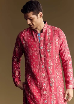 Pink Silk Kurta Set With Resham And Sequin Work