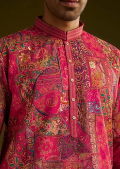 Pink Silk Kurta Set With Floral Abstract Prints