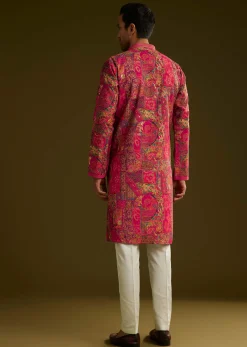 Pink Silk Kurta Set With Floral Abstract Prints