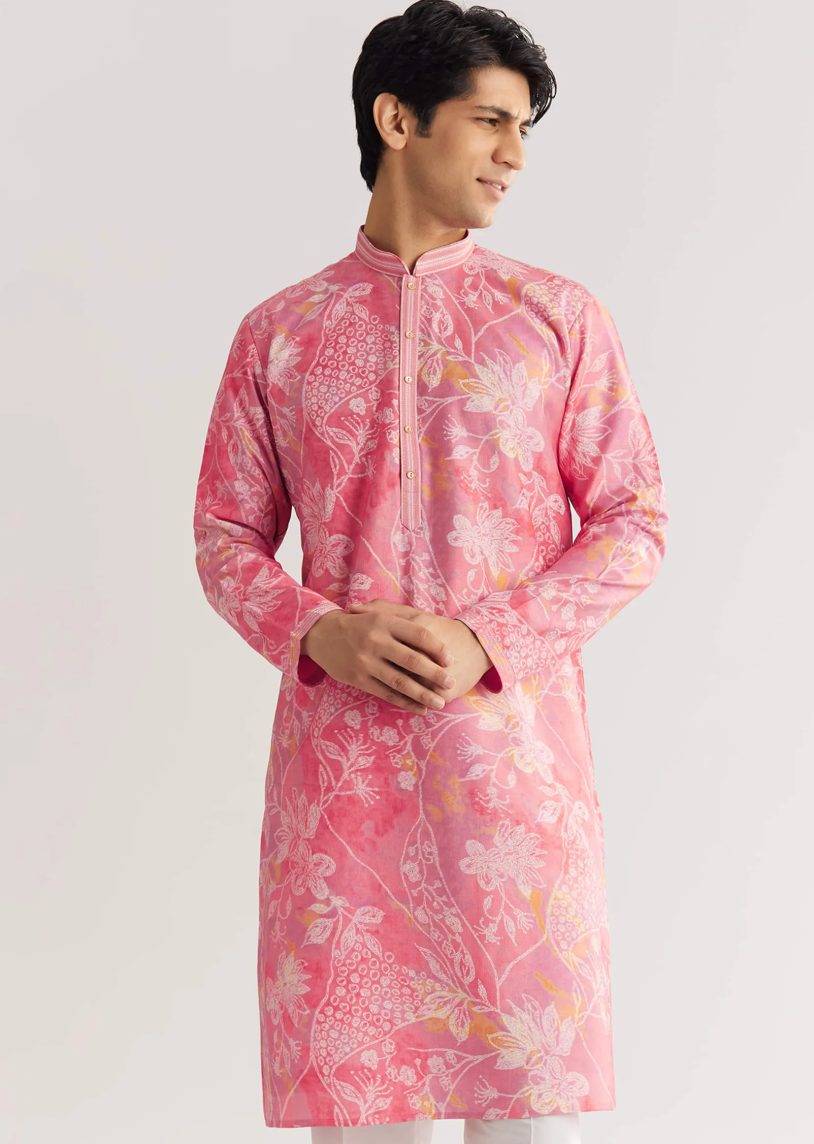 Pink Silk Kurta Set With Mandarin Collar