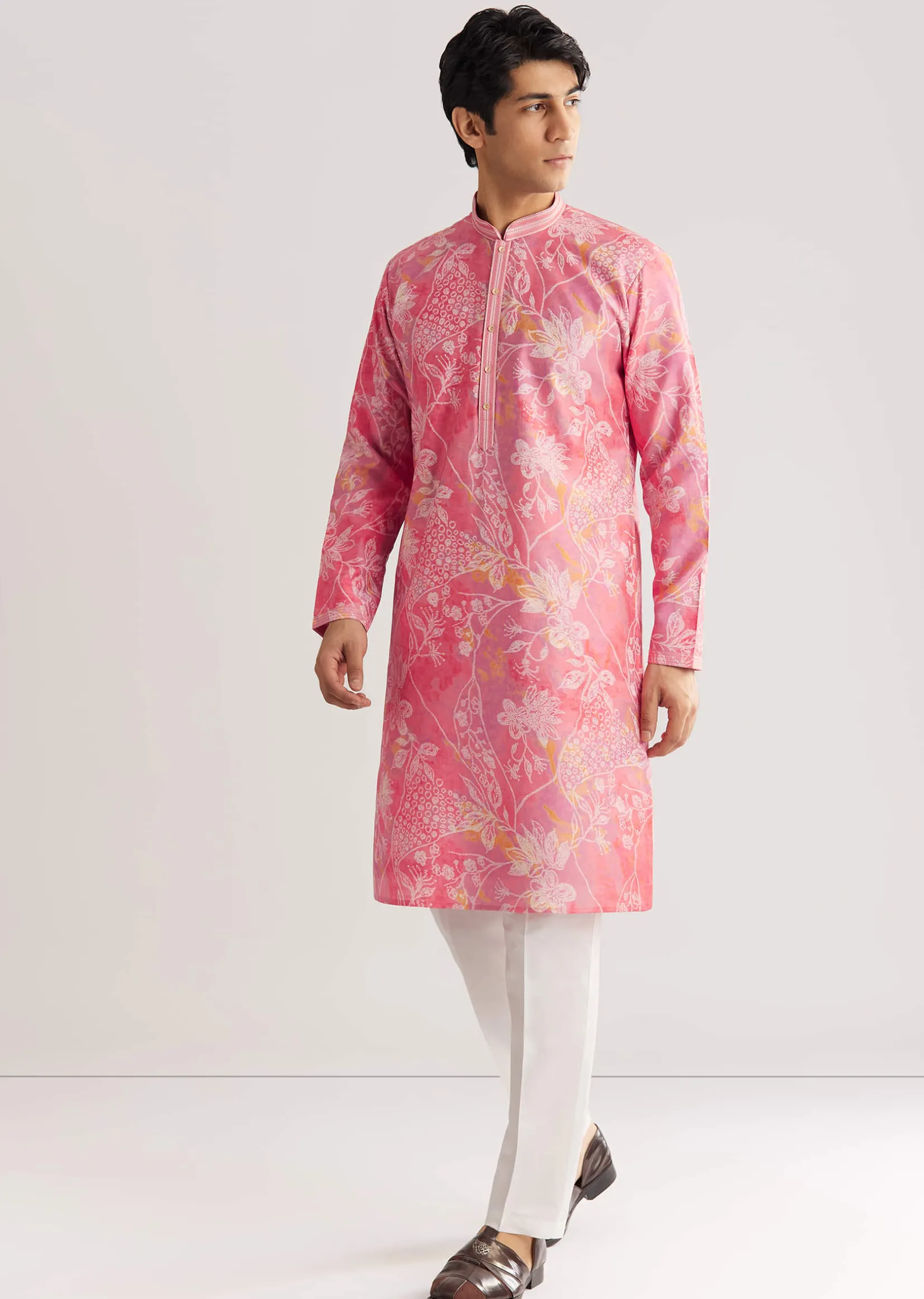 Pink Silk Kurta Set With Mandarin Collar