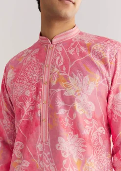 Pink Silk Kurta Set With Mandarin Collar