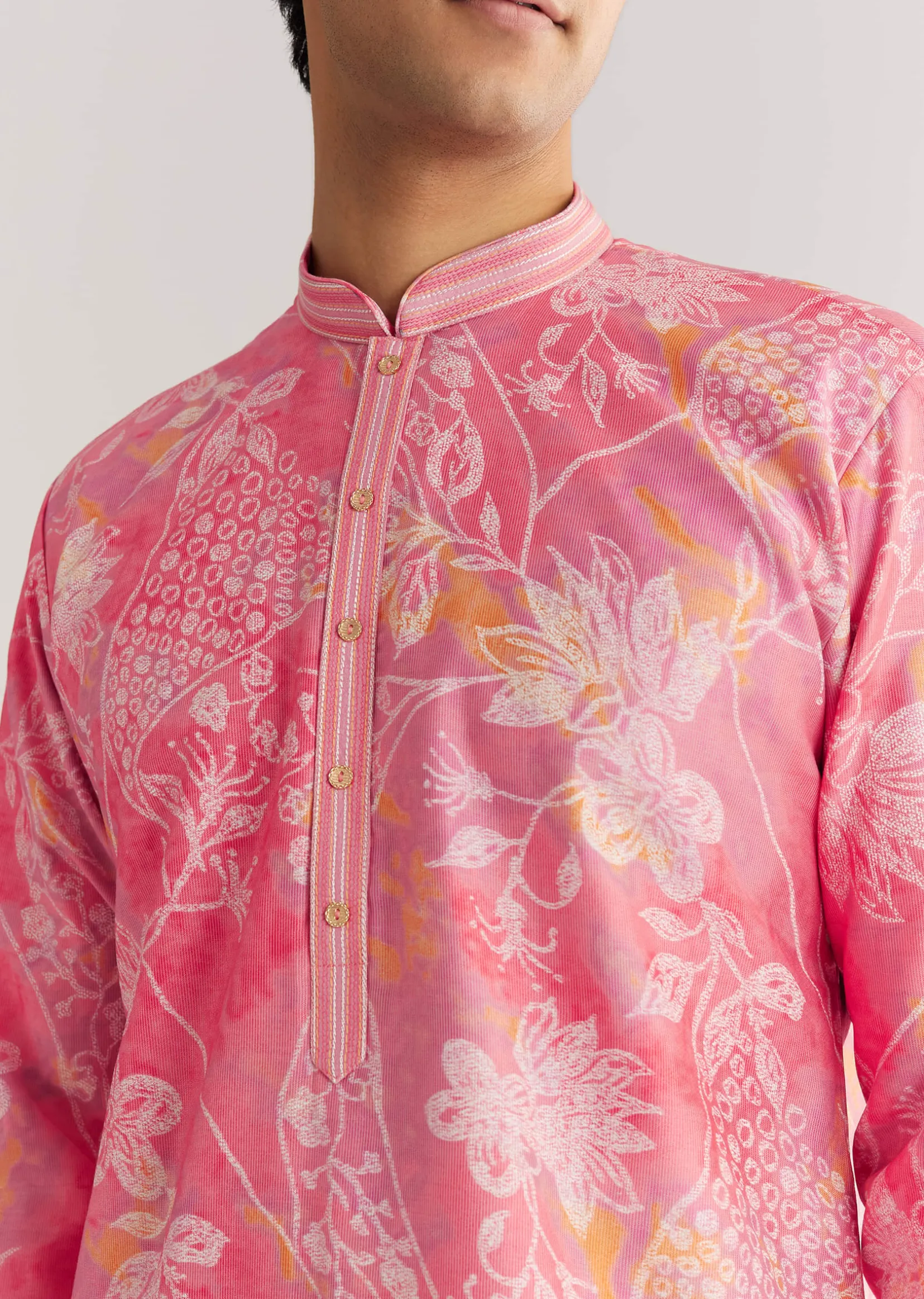 Pink Silk Kurta Set With Mandarin Collar