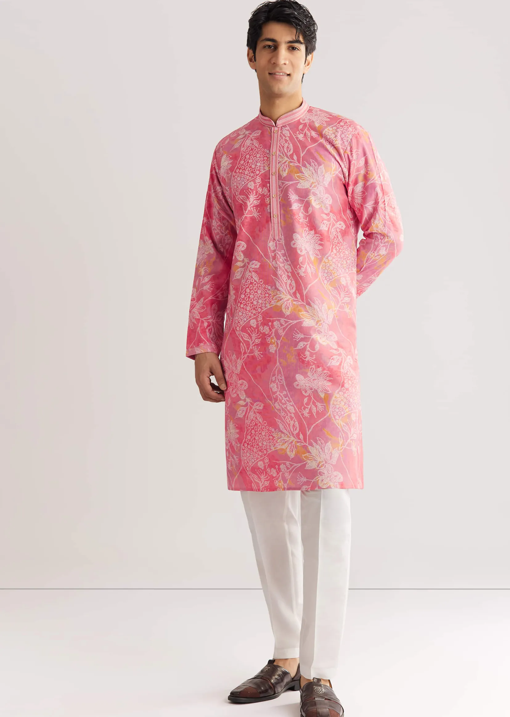 Pink Silk Kurta Set With Mandarin Collar