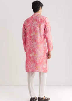 Pink Silk Kurta Set With Mandarin Collar