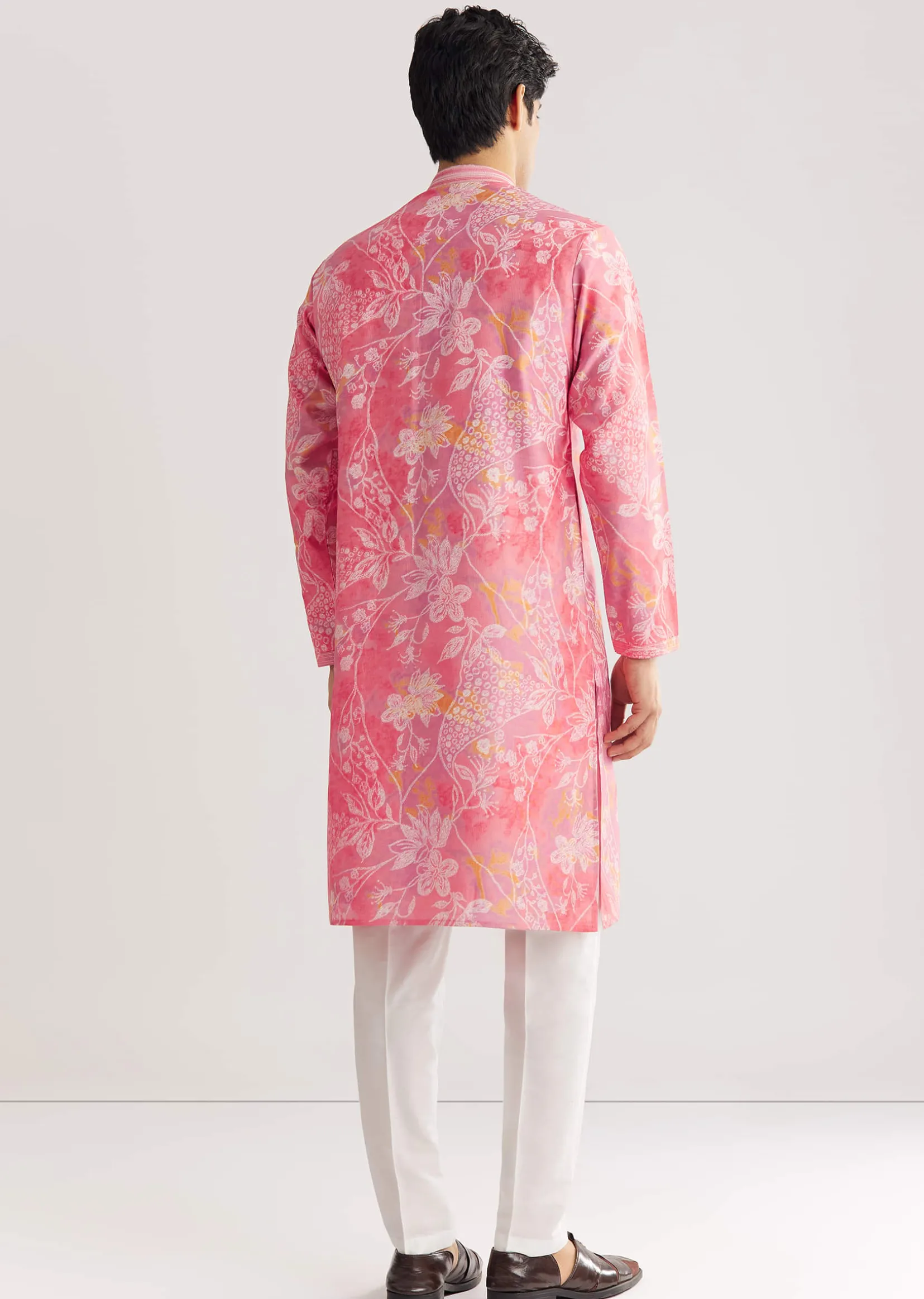 Pink Silk Kurta Set With Mandarin Collar