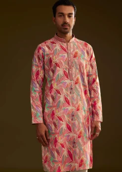 Pink Silk Leaf Printed Kurta Set