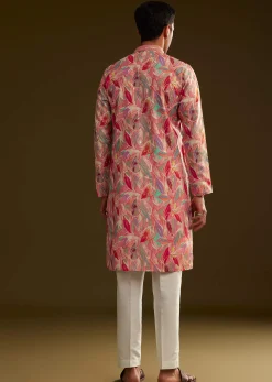 Pink Silk Leaf Printed Kurta Set