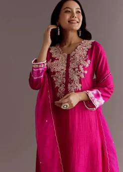 Pink Silk Moti Embroidered Kurta Set With Organza Dupatta