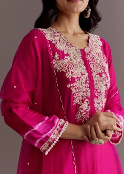 Pink Silk Moti Embroidered Kurta Set With Organza Dupatta