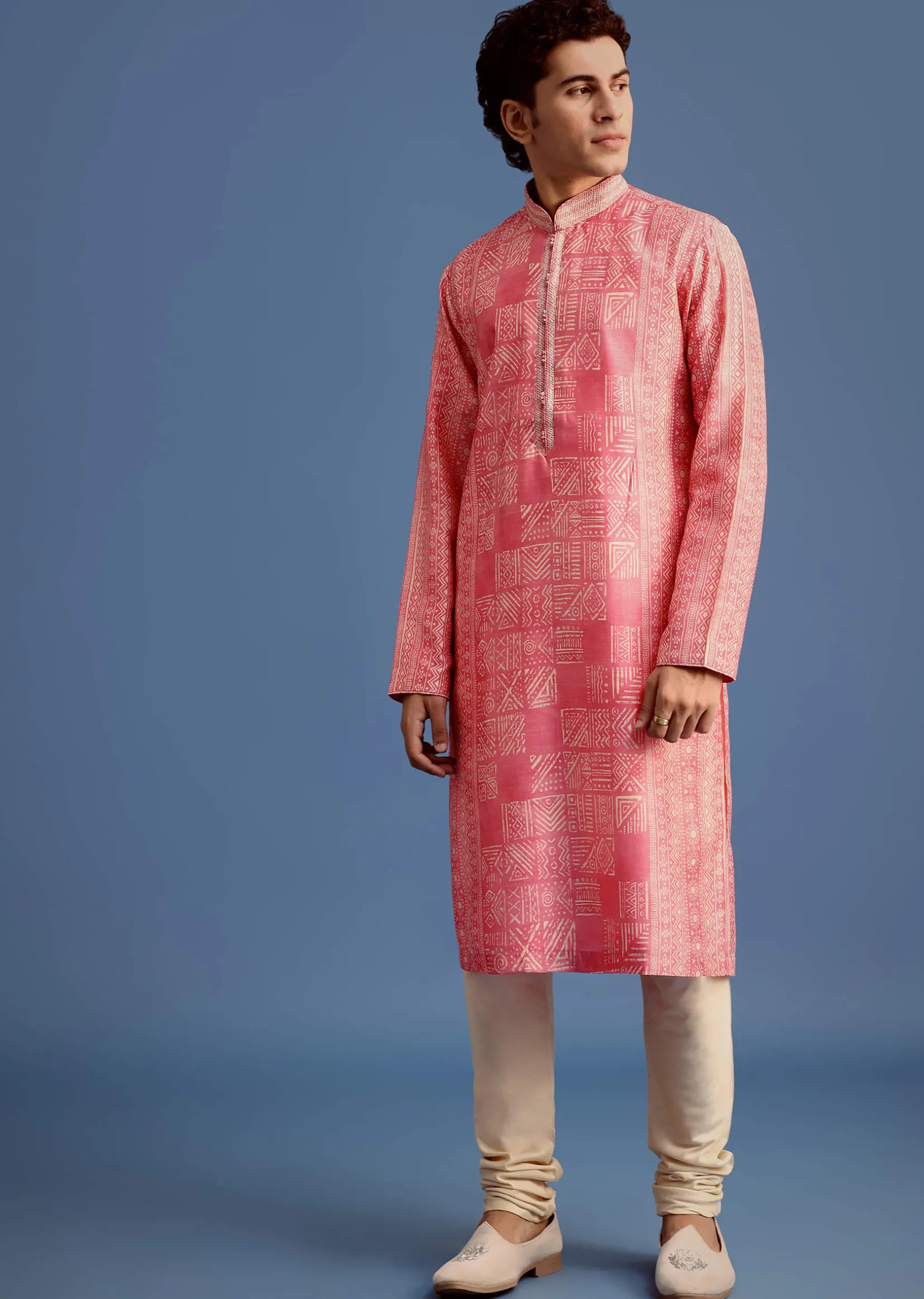 Pink Silk Printed Kurta Set With Mandarin Collar