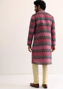 Pink Silk Printed Kurta Set For Men
