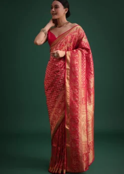 Pink Silk Saree With Zari Woven Jaal Work And Traditional Motif Border