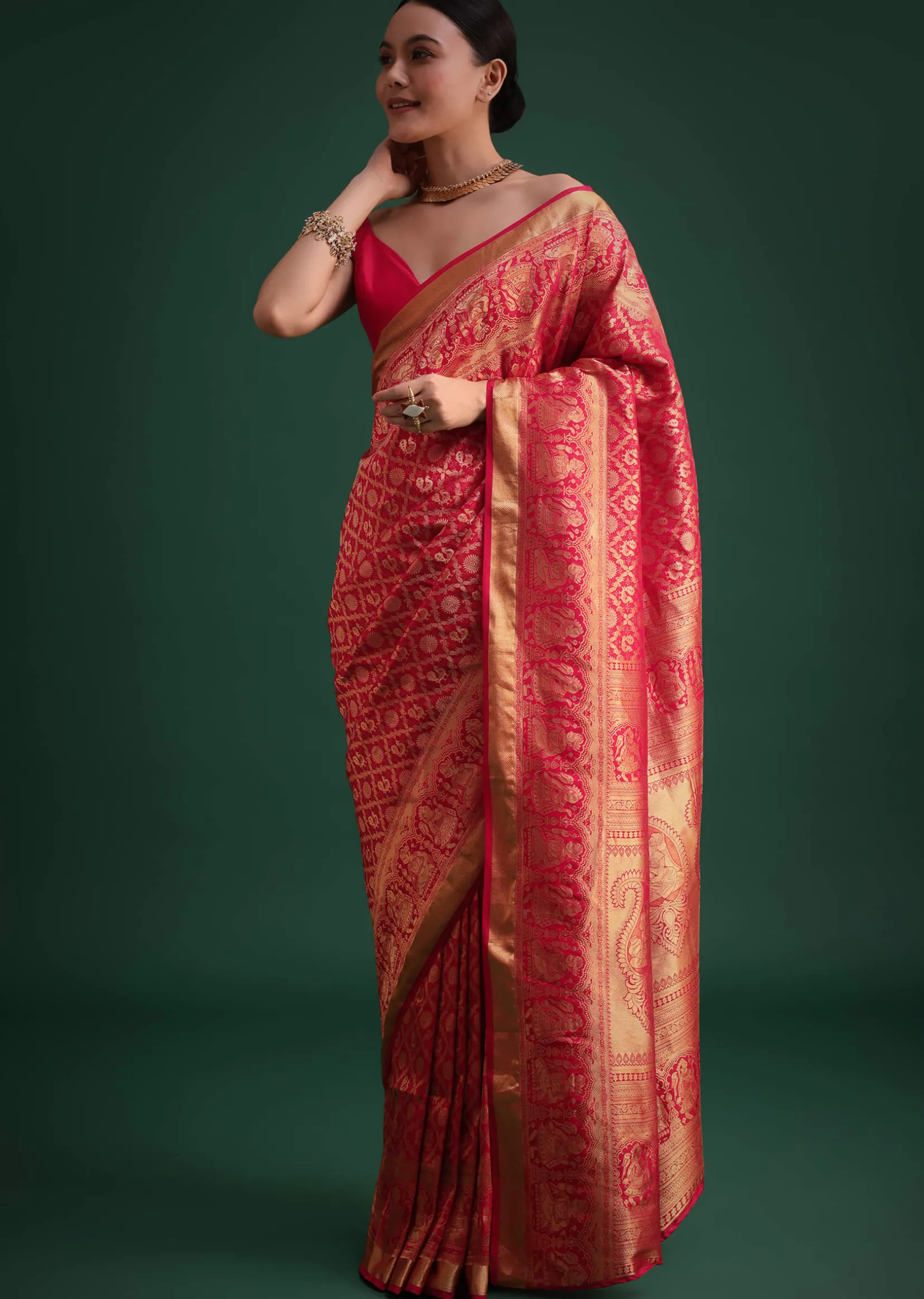 Pink Silk Saree With Zari Woven Jaal Work And Traditional Motif Border