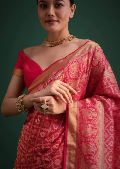 Pink Silk Saree With Zari Woven Jaal Work And Traditional Motif Border