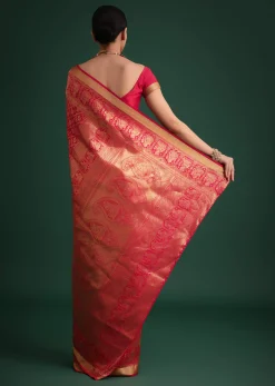 Pink Silk Saree With Zari Woven Jaal Work And Traditional Motif Border