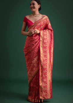 Pink Silk Saree With Zari Woven Jaal Work And Traditional Motif Border