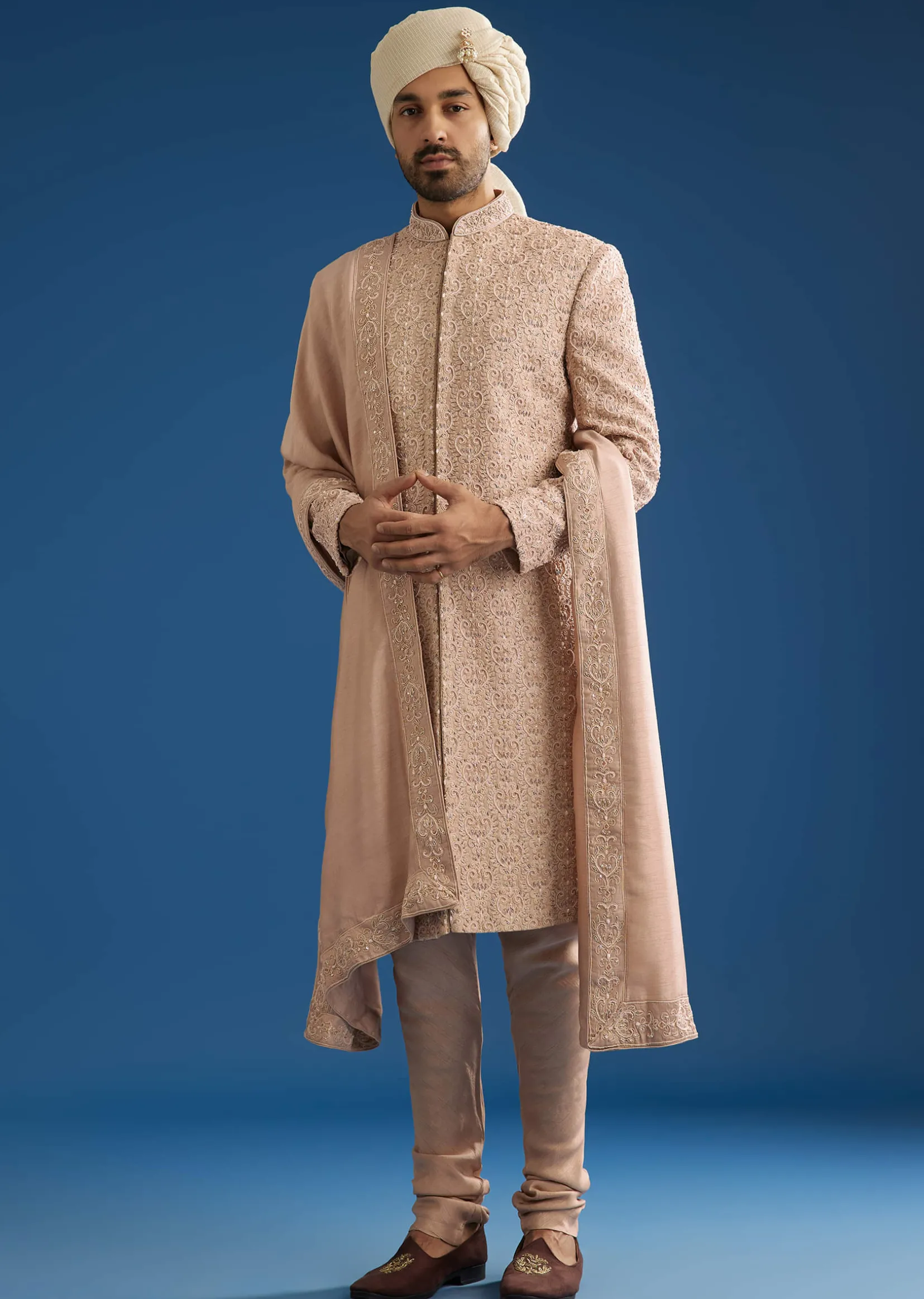 Pink Silk Sherwani Set With Tonal Hand Embroidery
