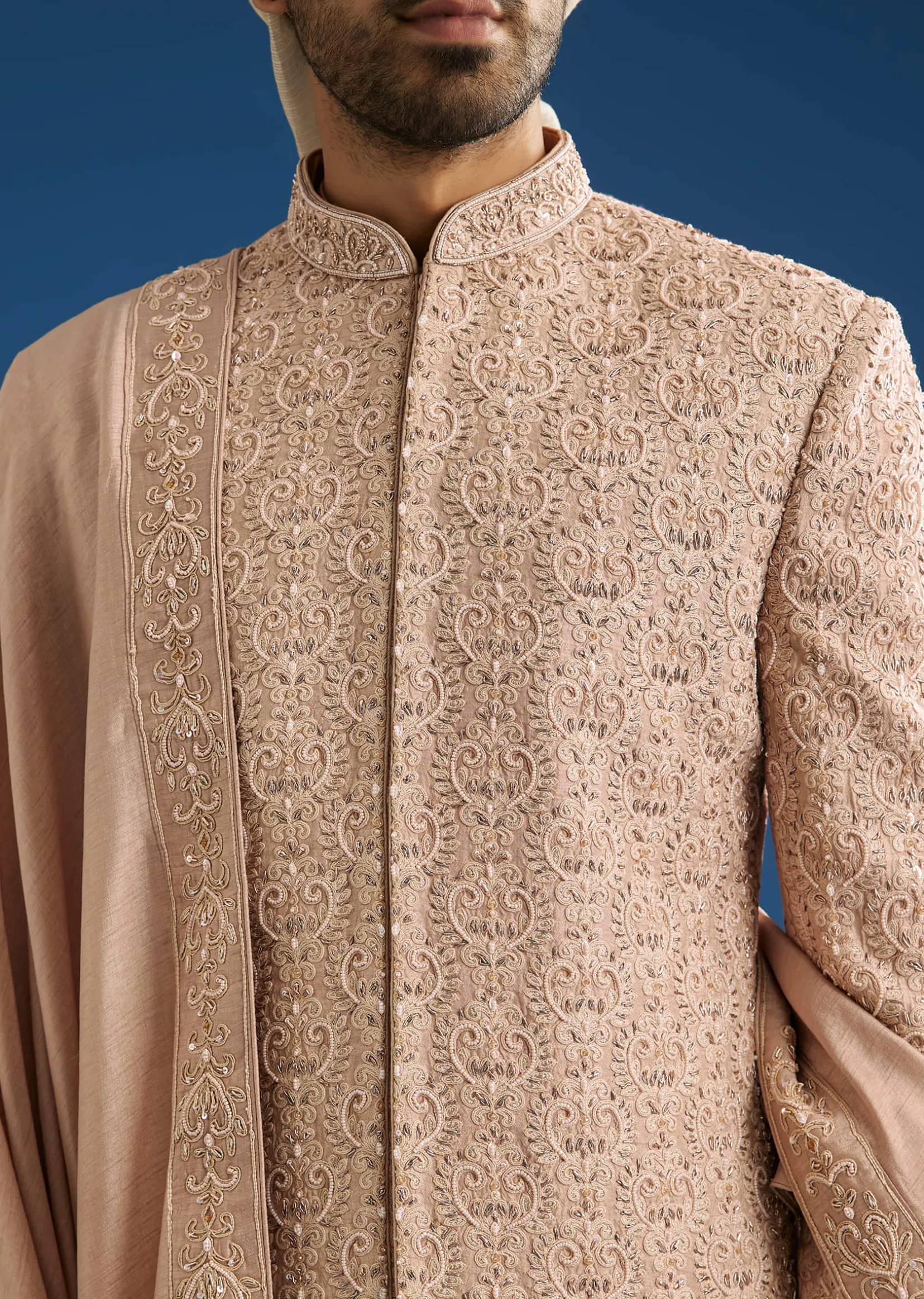 Pink Silk Sherwani Set With Tonal Hand Embroidery