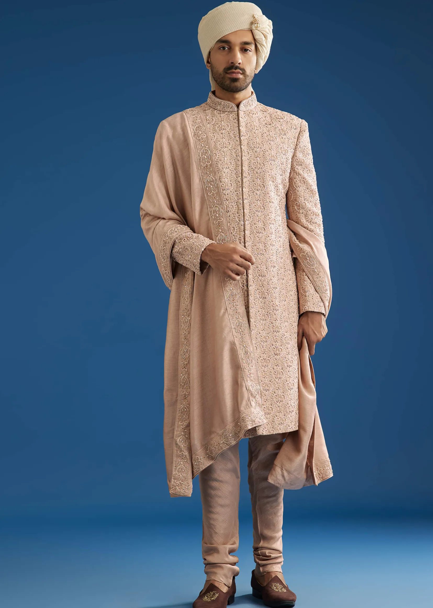 Pink Silk Sherwani Set With Tonal Hand Embroidery