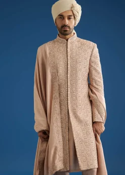 Pink Silk Sherwani Set With Tonal Hand Embroidery