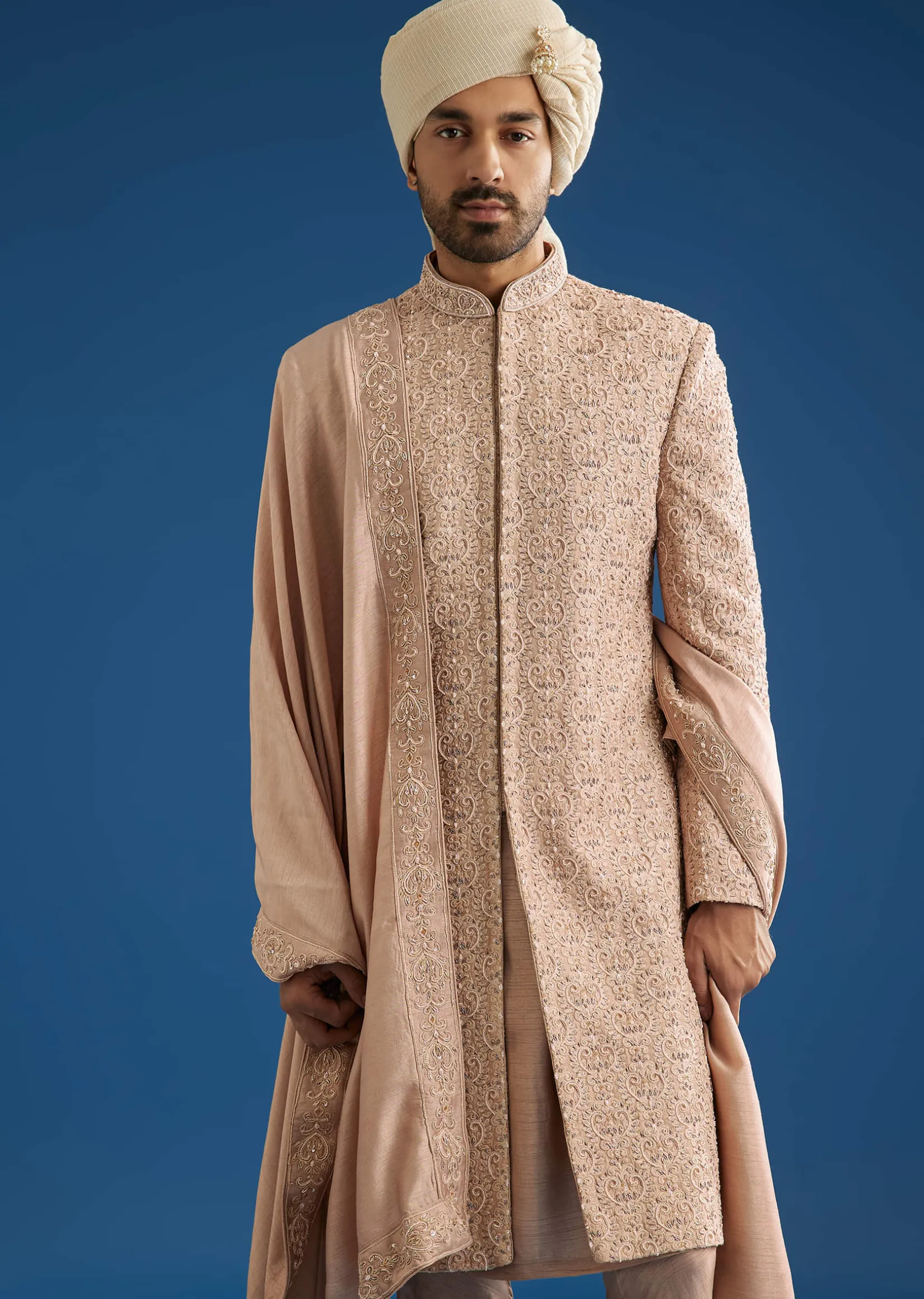 Pink Silk Sherwani Set With Tonal Hand Embroidery