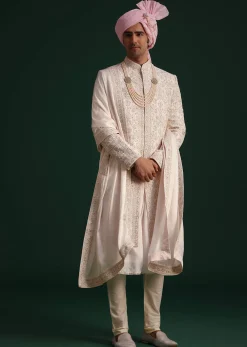 Pink Silk Threadwork Sherwani Set With Anarkali Kurta