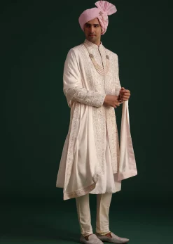 Pink Silk Threadwork Sherwani Set With Anarkali Kurta