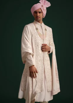 Pink Silk Threadwork Sherwani Set With Anarkali Kurta