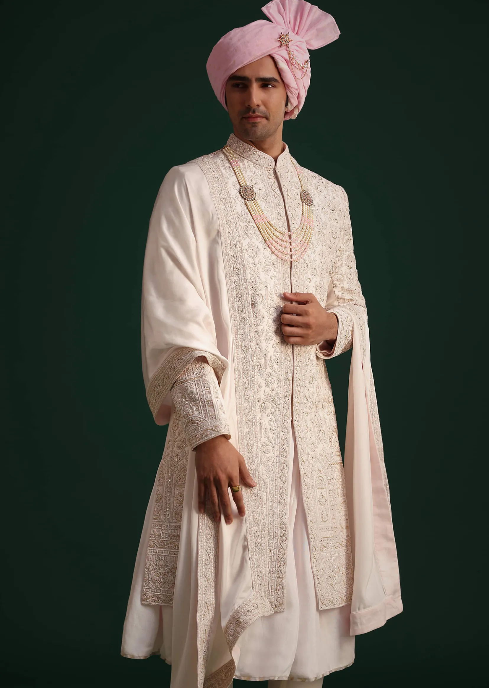 Pink Silk Threadwork Sherwani Set With Anarkali Kurta