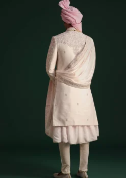 Pink Silk Threadwork Sherwani Set With Anarkali Kurta
