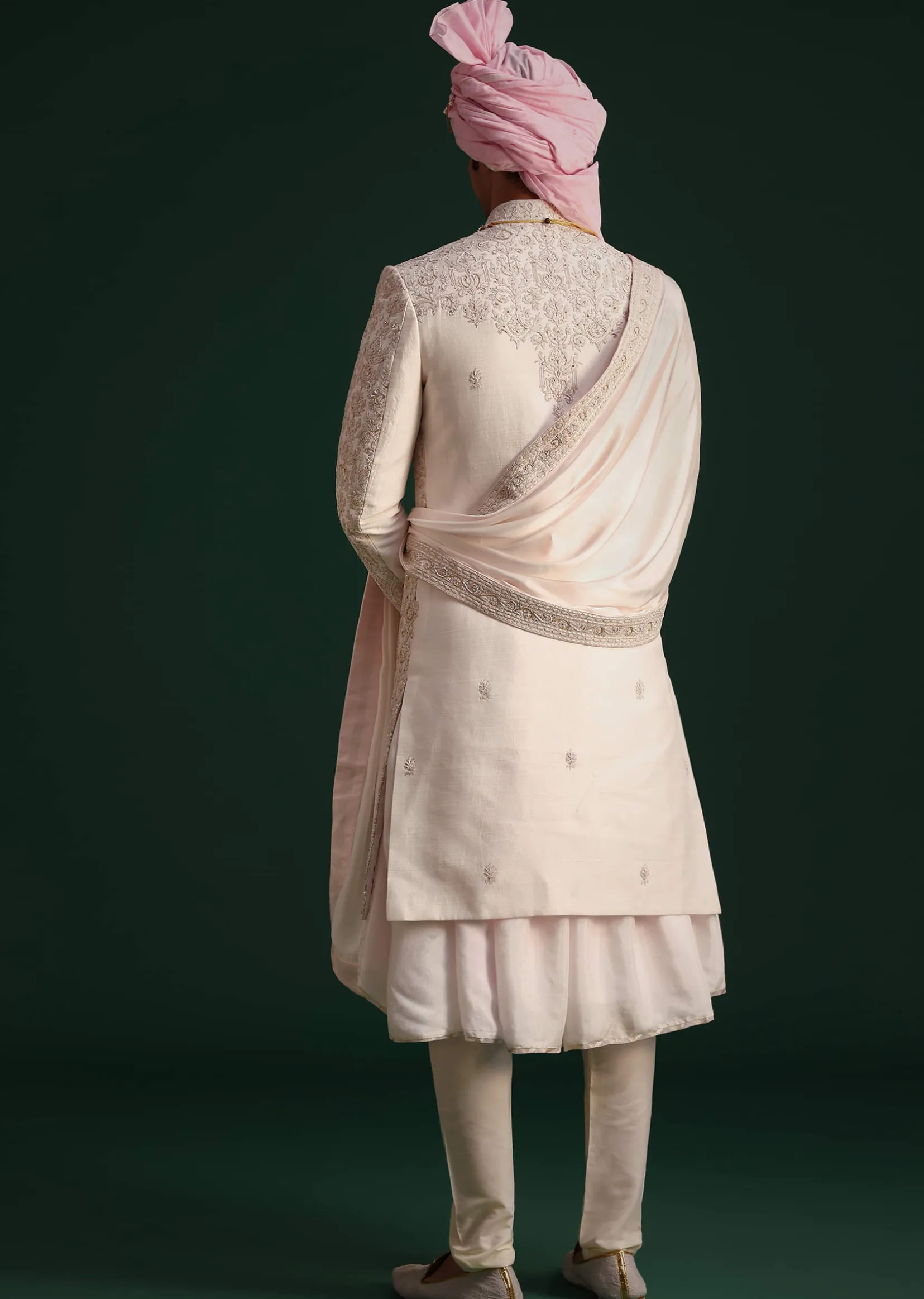 Pink Silk Threadwork Sherwani Set With Anarkali Kurta