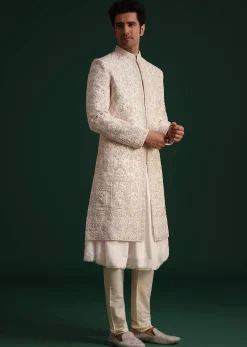Pink Silk Threadwork Sherwani Set With Anarkali Kurta