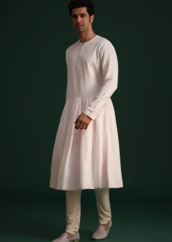 Pink Silk Threadwork Sherwani Set With Anarkali Kurta